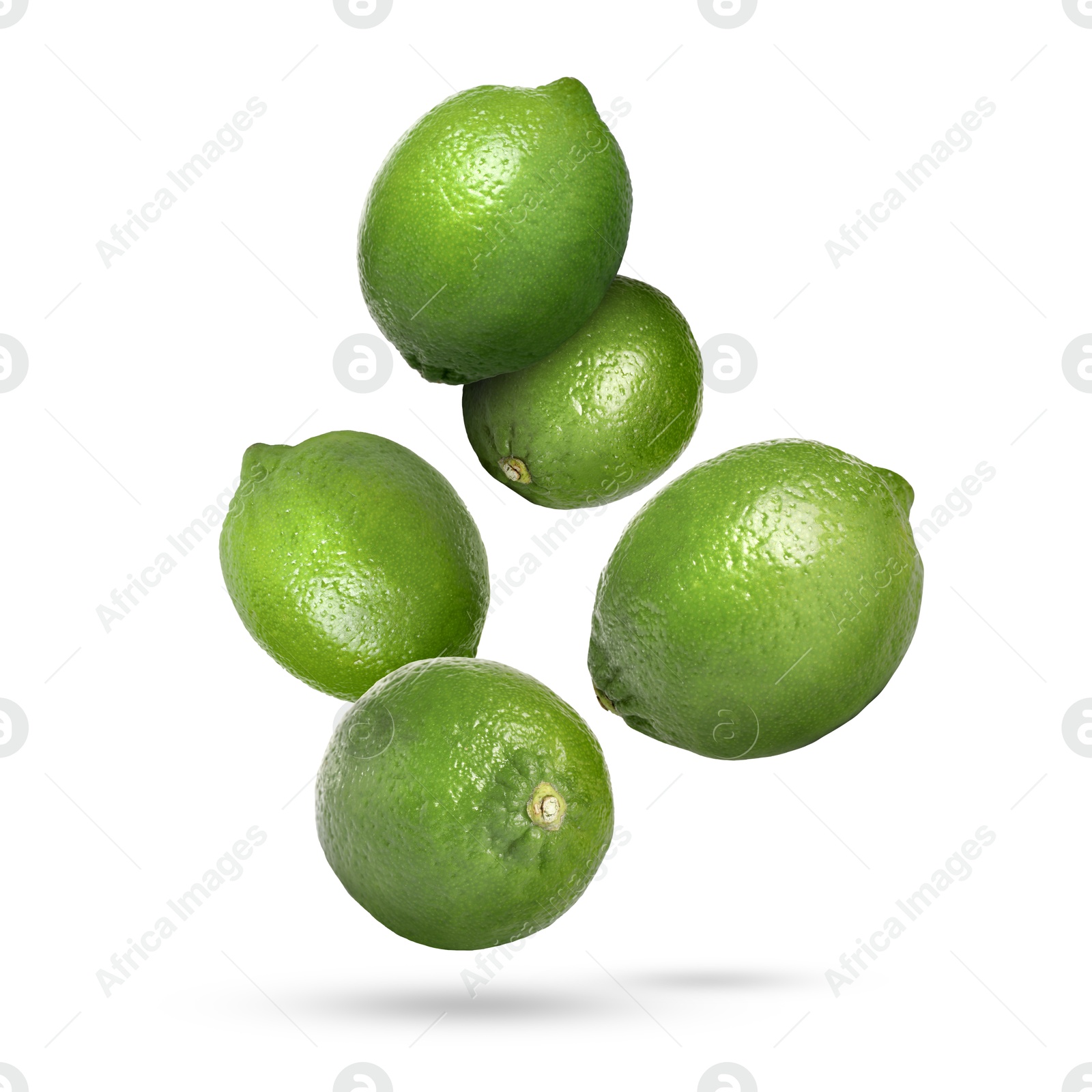 Image of Fresh ripe limes falling on white background