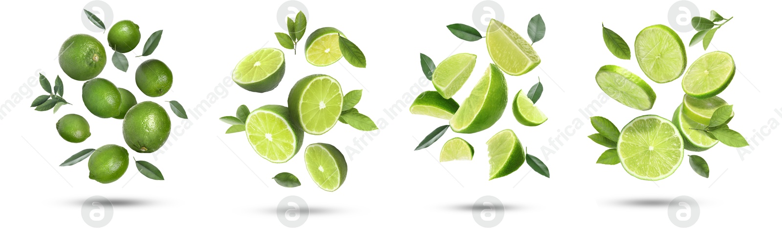 Image of Fresh ripe limes and green leaves falling on white background, collage