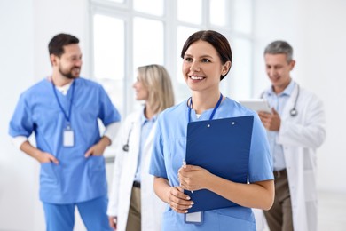 Photo of Healthcare workers in hospital, selective focus. Medical service