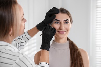 Beautician dyeing client’s eyebrows with henna in salon