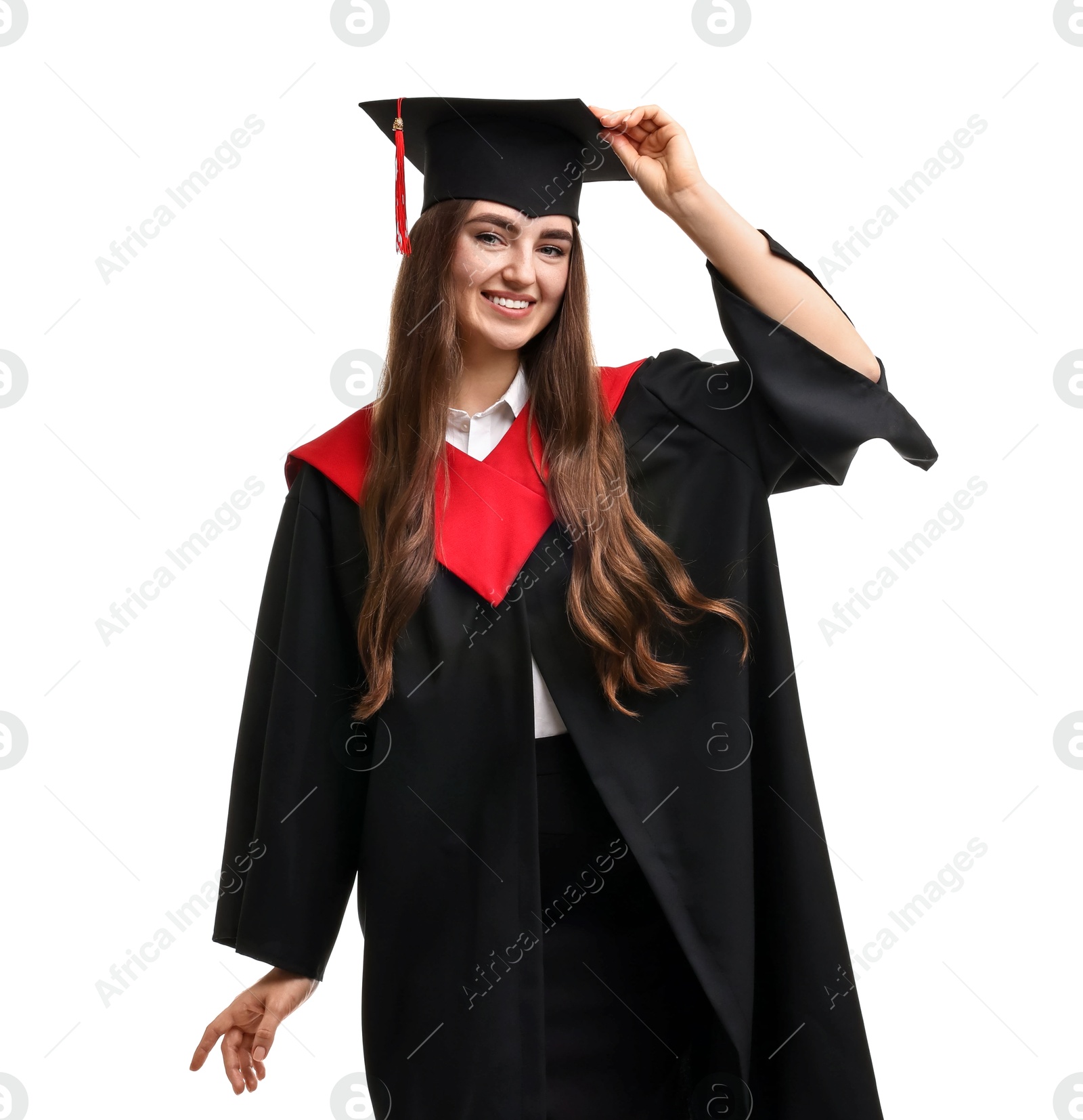 Photo of Happy student after graduation on white background