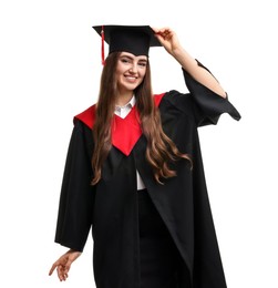 Photo of Happy student after graduation on white background