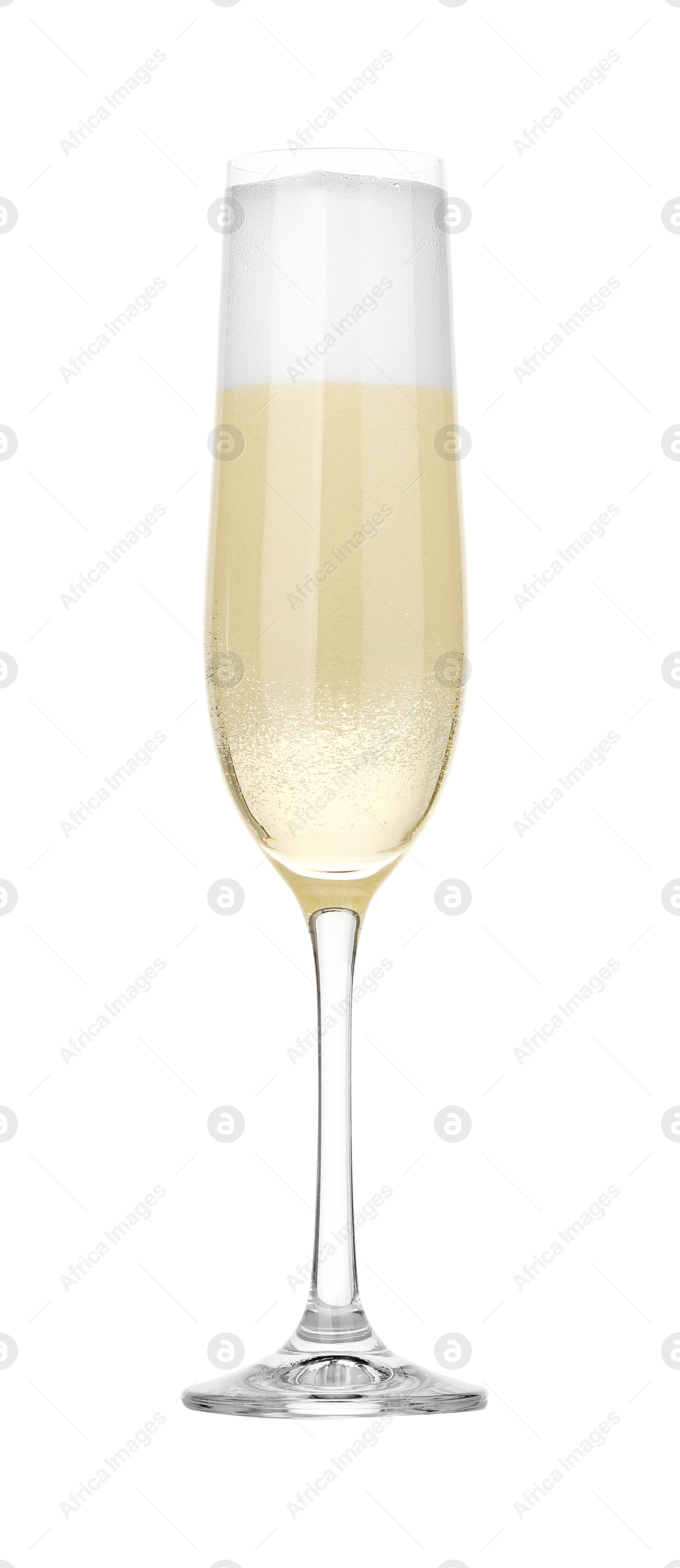 Photo of Champagne in glass isolated on white. Sparkling wine