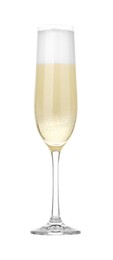 Photo of Champagne in glass isolated on white. Sparkling wine