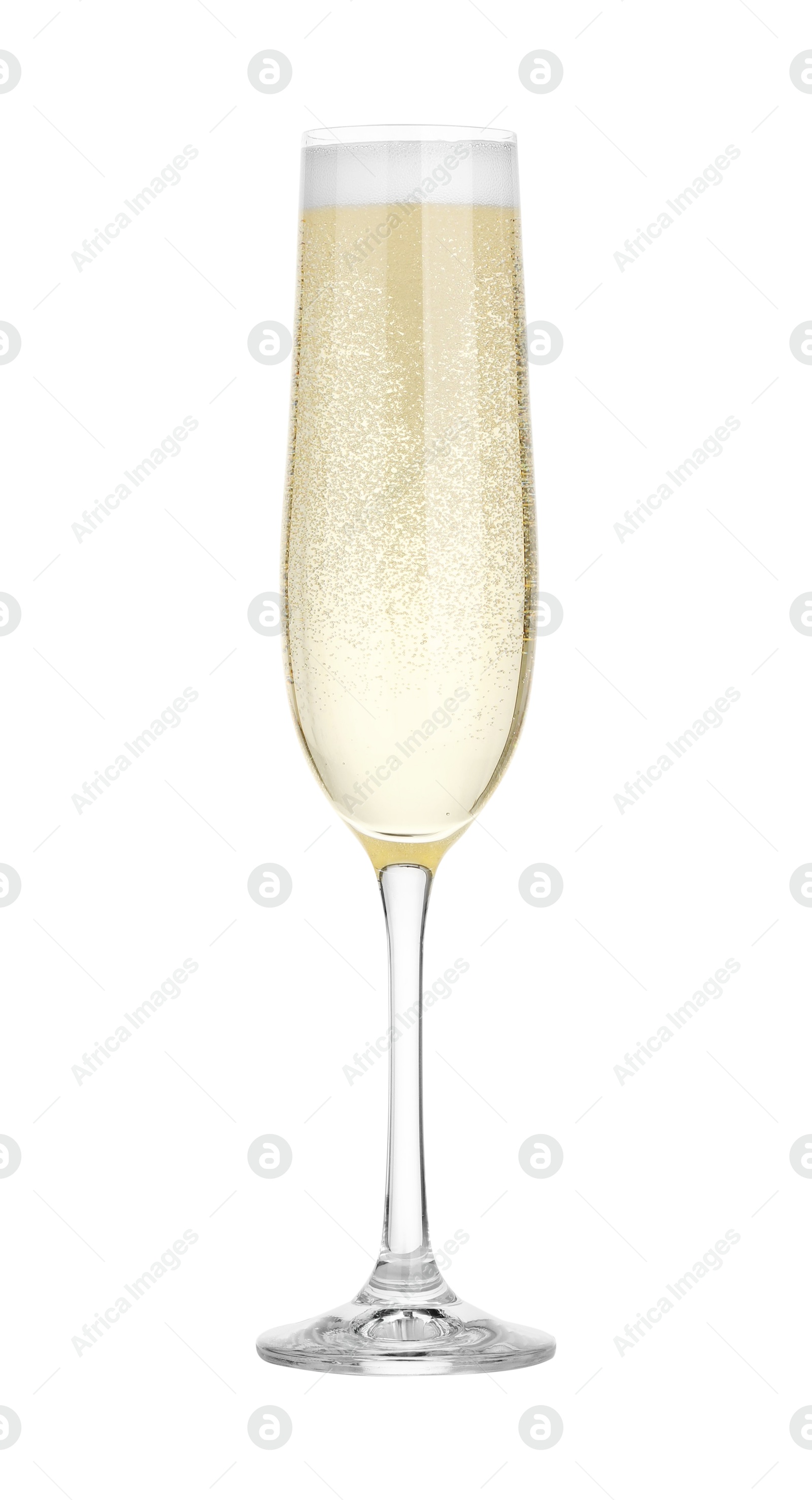 Photo of Champagne in glass isolated on white. Sparkling wine