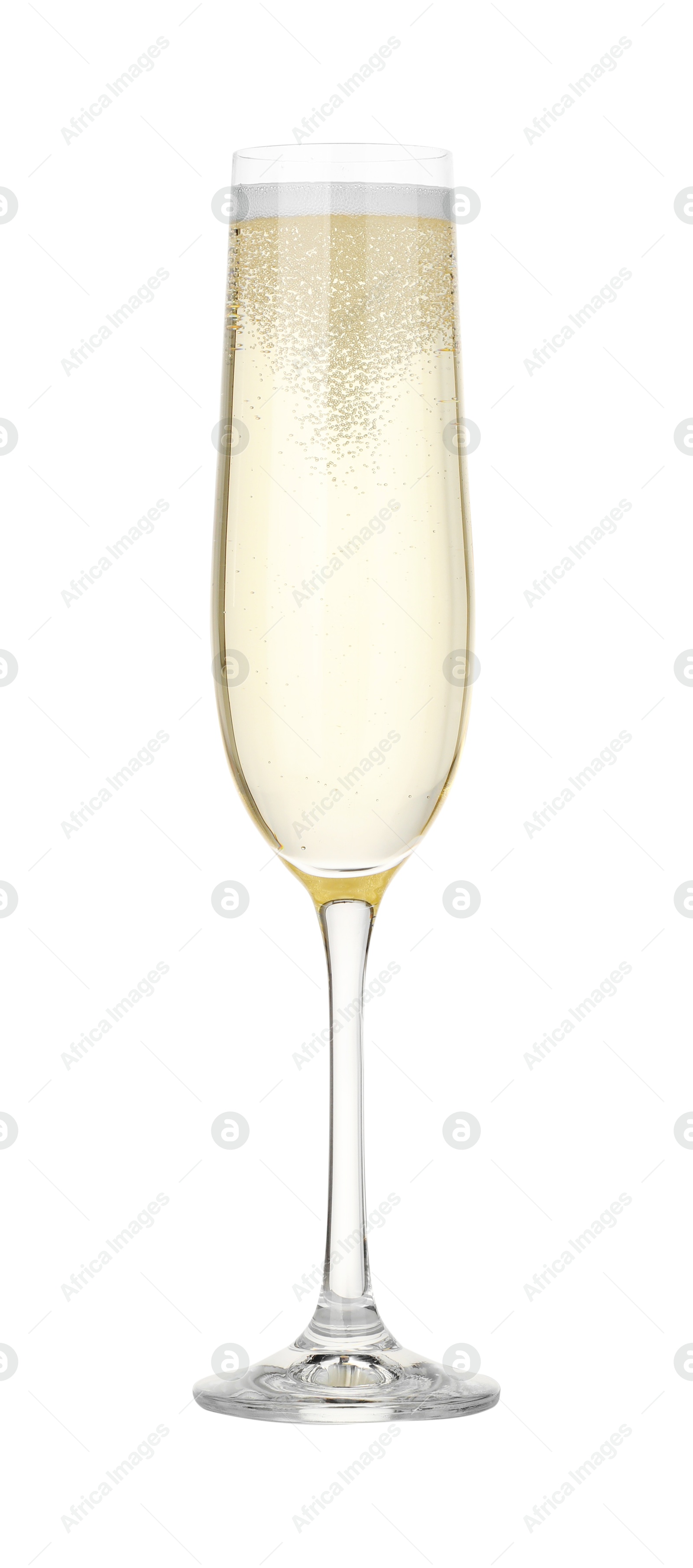 Photo of Champagne in glass isolated on white. Sparkling wine