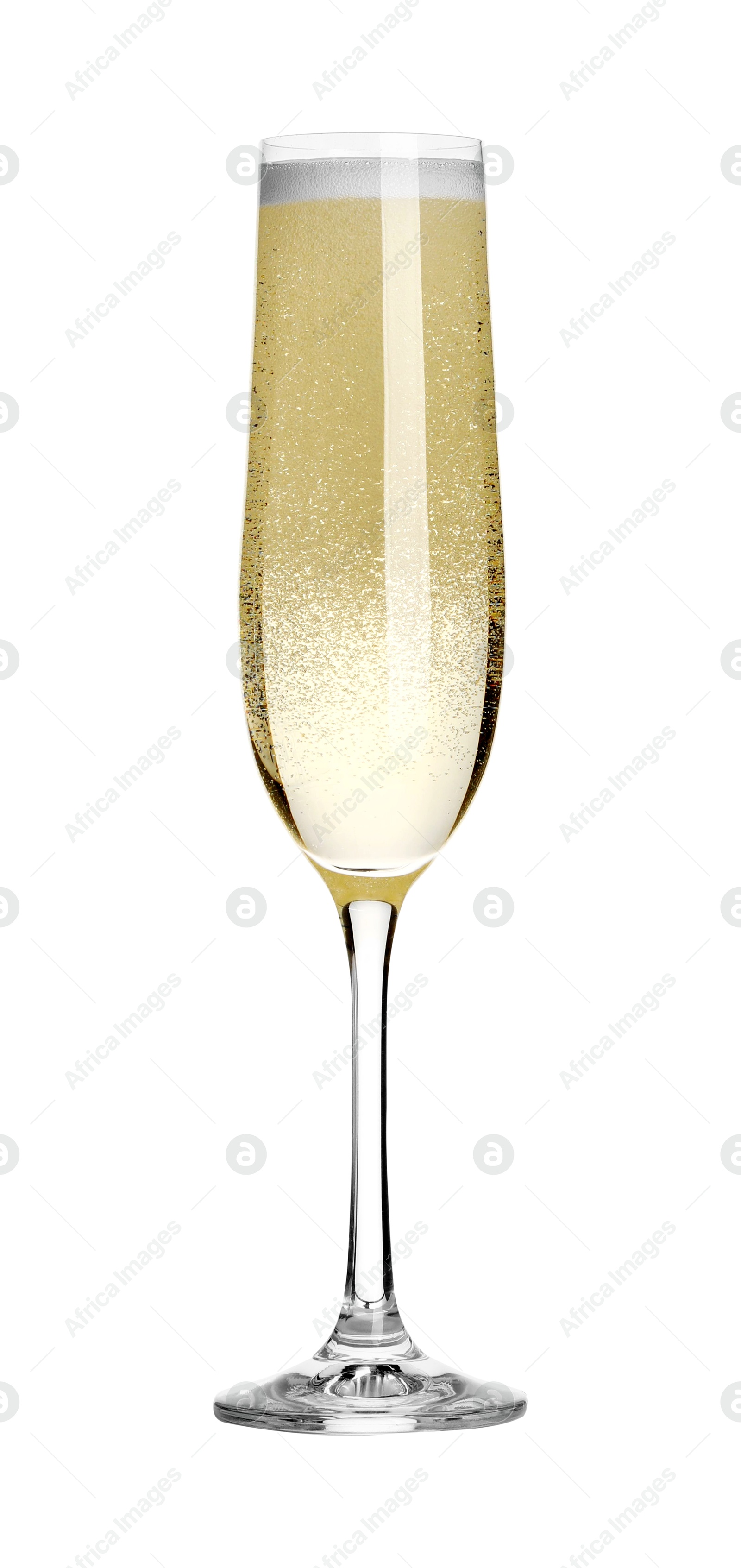 Photo of Champagne in glass isolated on white. Sparkling wine