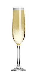 Photo of Champagne in glass isolated on white. Sparkling wine