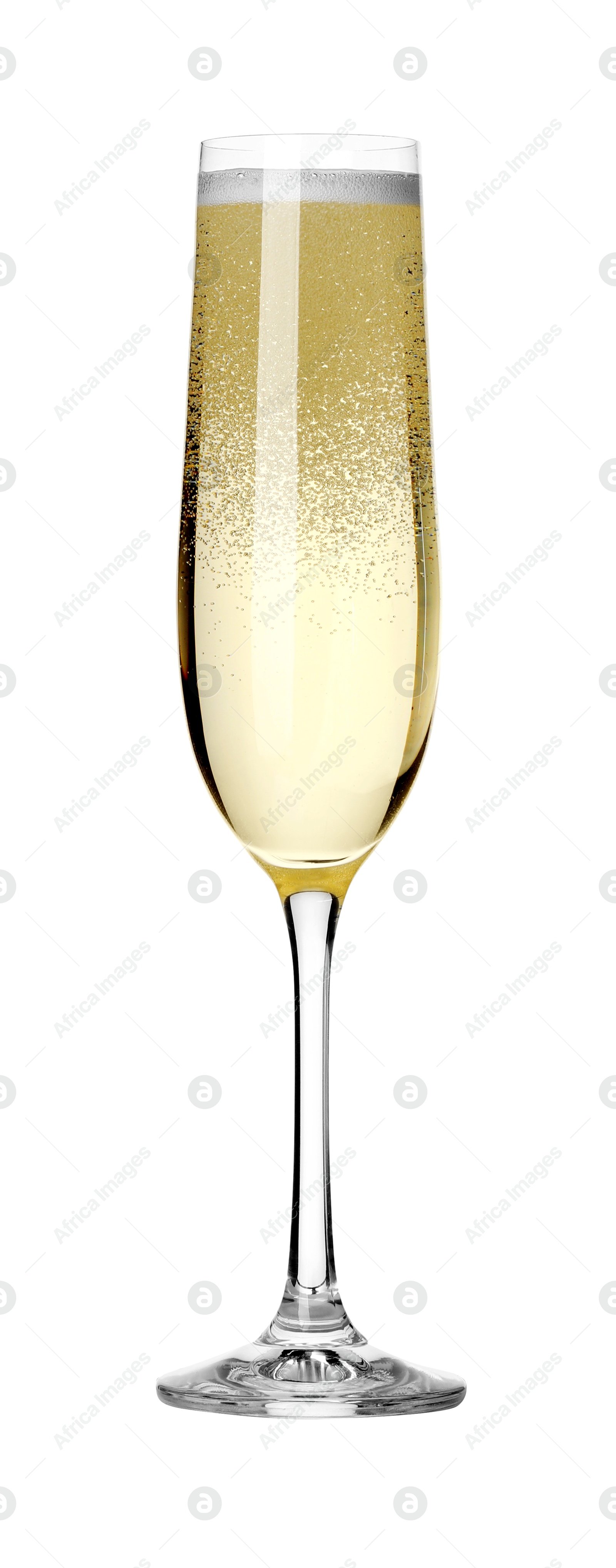 Photo of Champagne in glass isolated on white. Sparkling wine