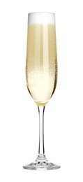 Photo of Champagne in glass isolated on white. Sparkling wine