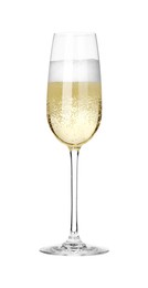 Photo of Champagne in glass isolated on white. Sparkling wine