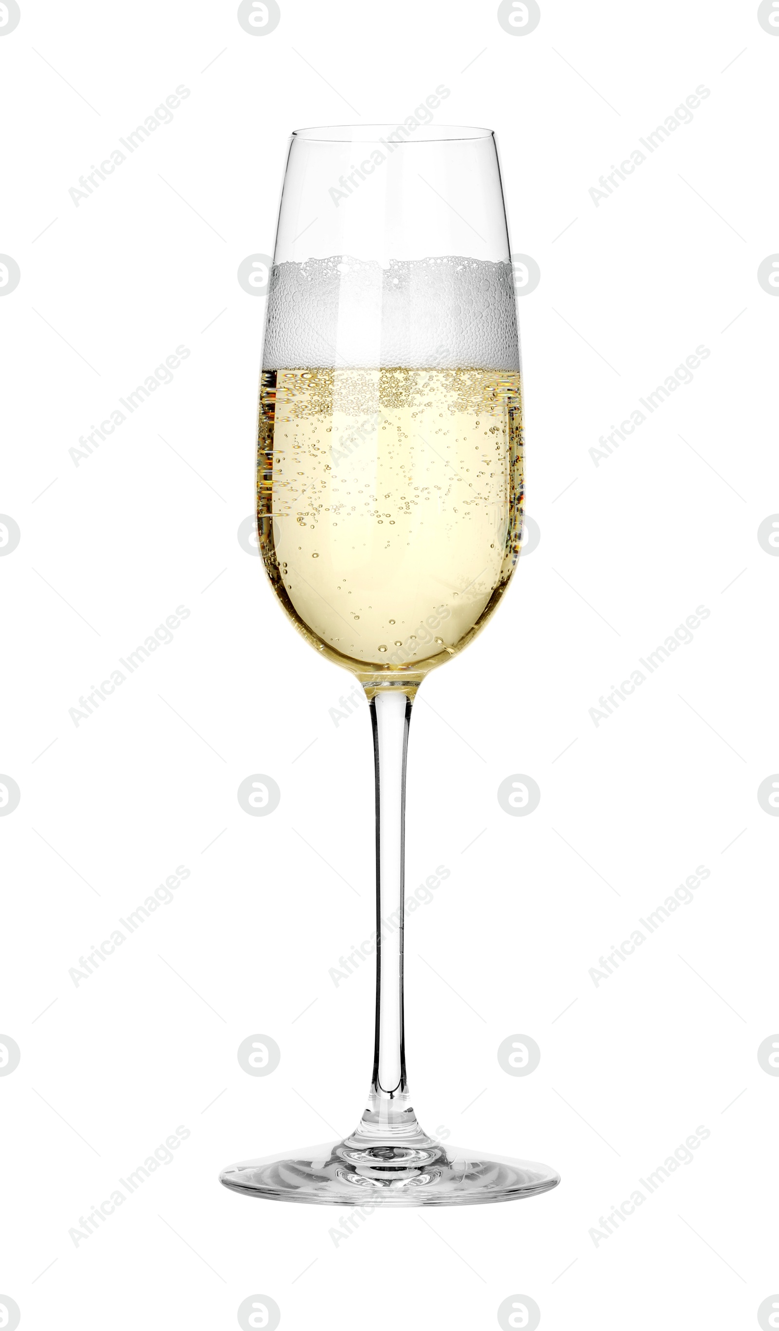 Photo of Champagne in glass isolated on white. Sparkling wine