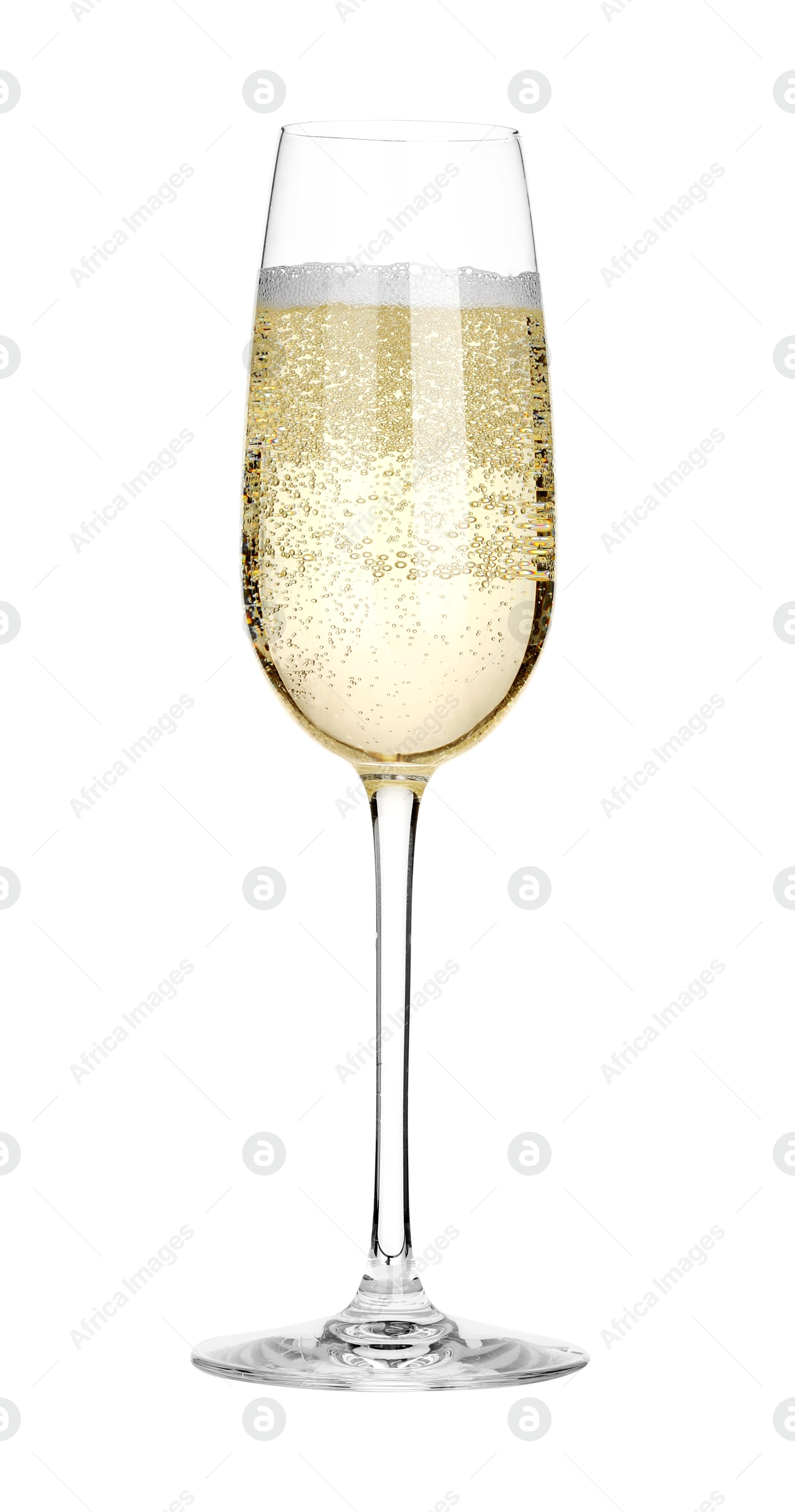 Photo of Champagne in glass isolated on white. Sparkling wine