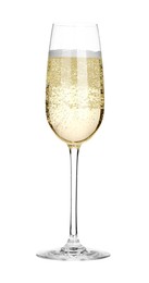 Photo of Champagne in glass isolated on white. Sparkling wine