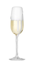 Photo of Glass overflowing with champagne isolated on white