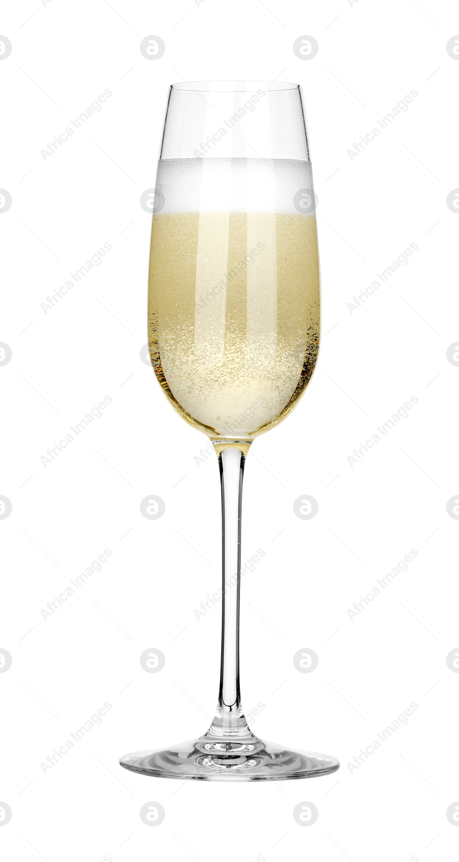 Photo of Champagne in glass isolated on white. Sparkling wine