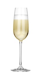 Photo of Champagne in glass isolated on white. Sparkling wine