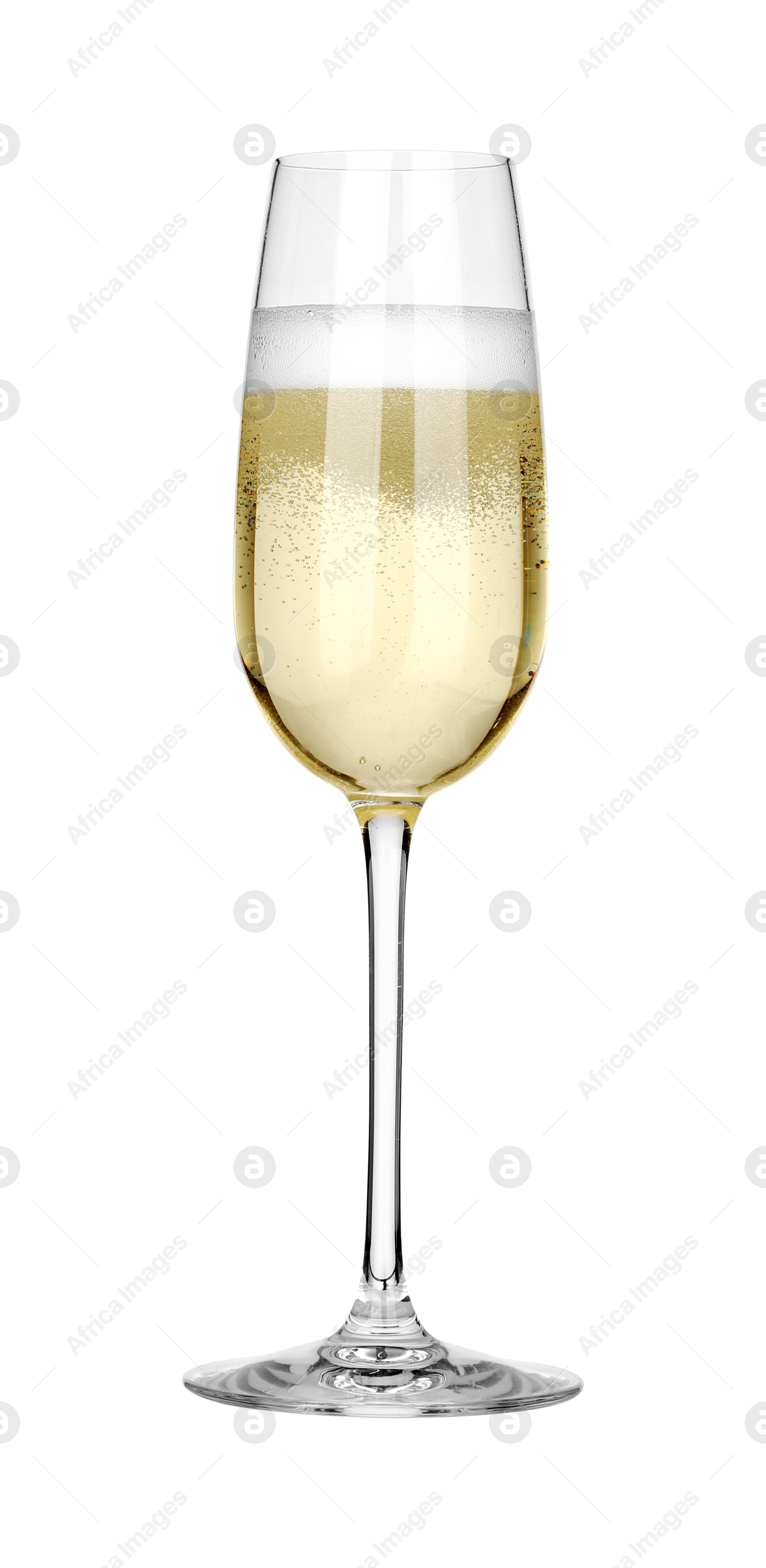 Photo of Champagne in glass isolated on white. Sparkling wine