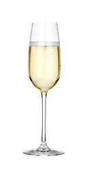 Photo of Champagne in glass isolated on white. Sparkling wine