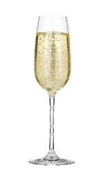 Champagne in glass isolated on white. Sparkling wine