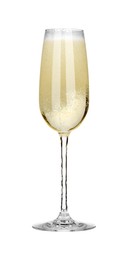 Photo of Champagne in glass isolated on white. Sparkling wine