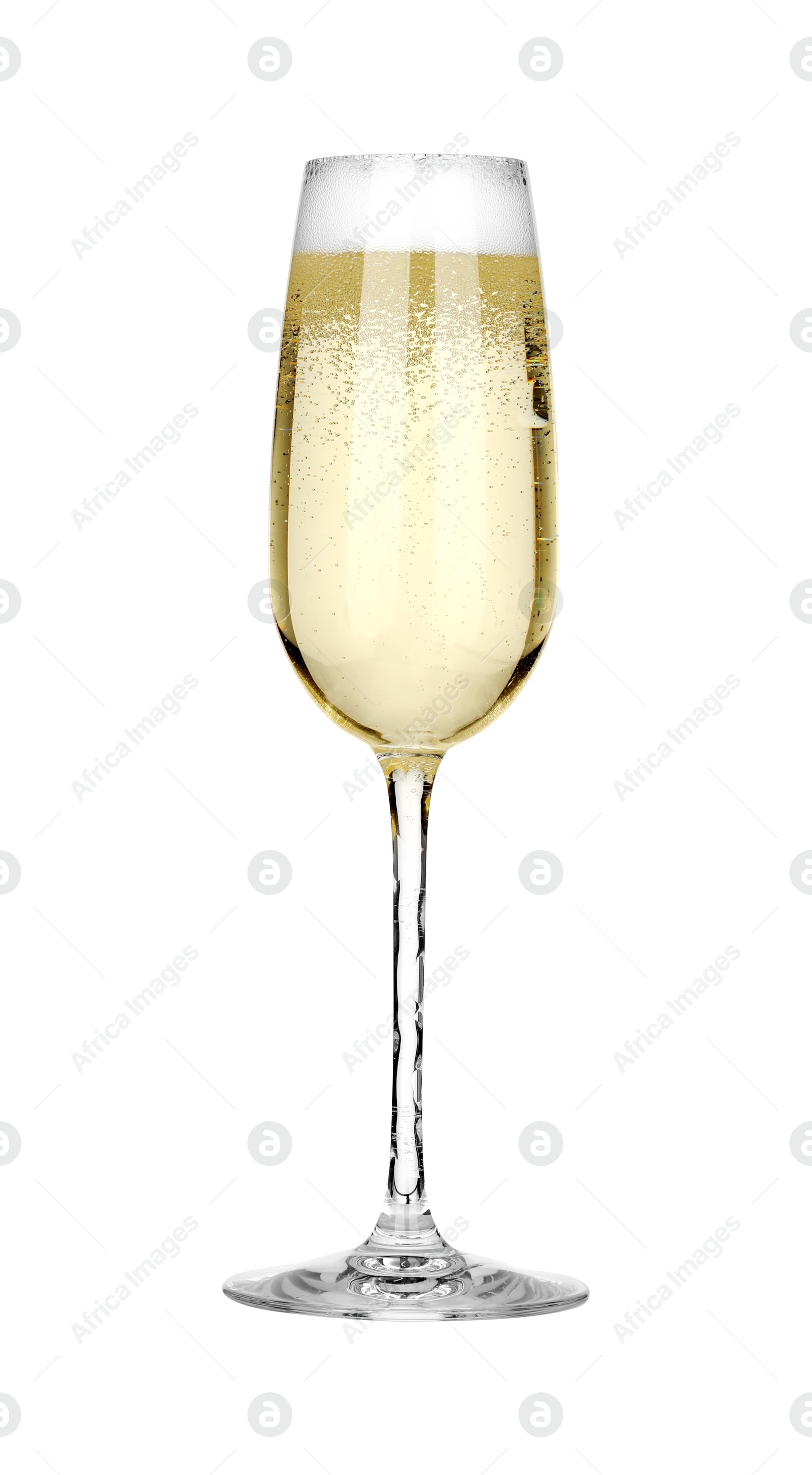 Photo of Champagne in glass isolated on white. Sparkling wine