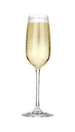 Champagne in glass isolated on white. Sparkling wine