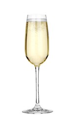 Champagne in glass isolated on white. Sparkling wine