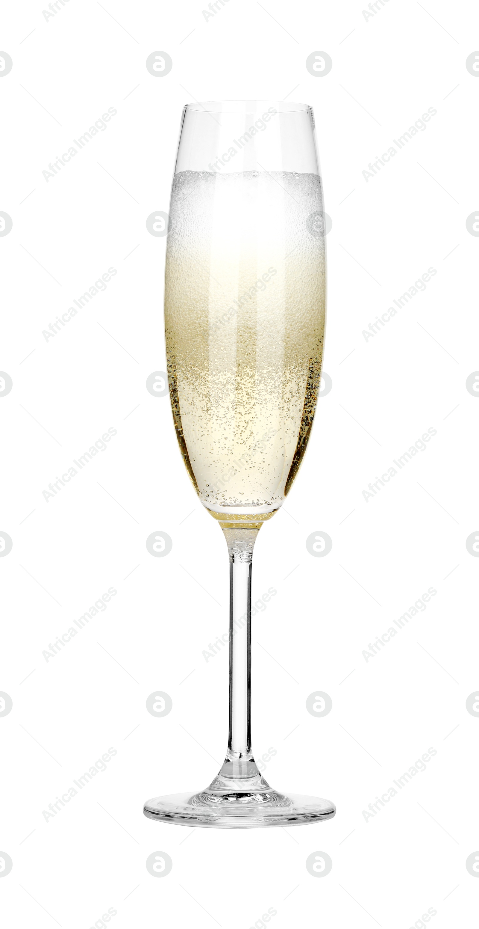 Photo of Champagne in glass isolated on white. Sparkling wine