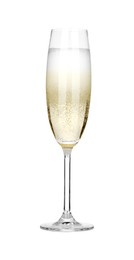 Photo of Champagne in glass isolated on white. Sparkling wine