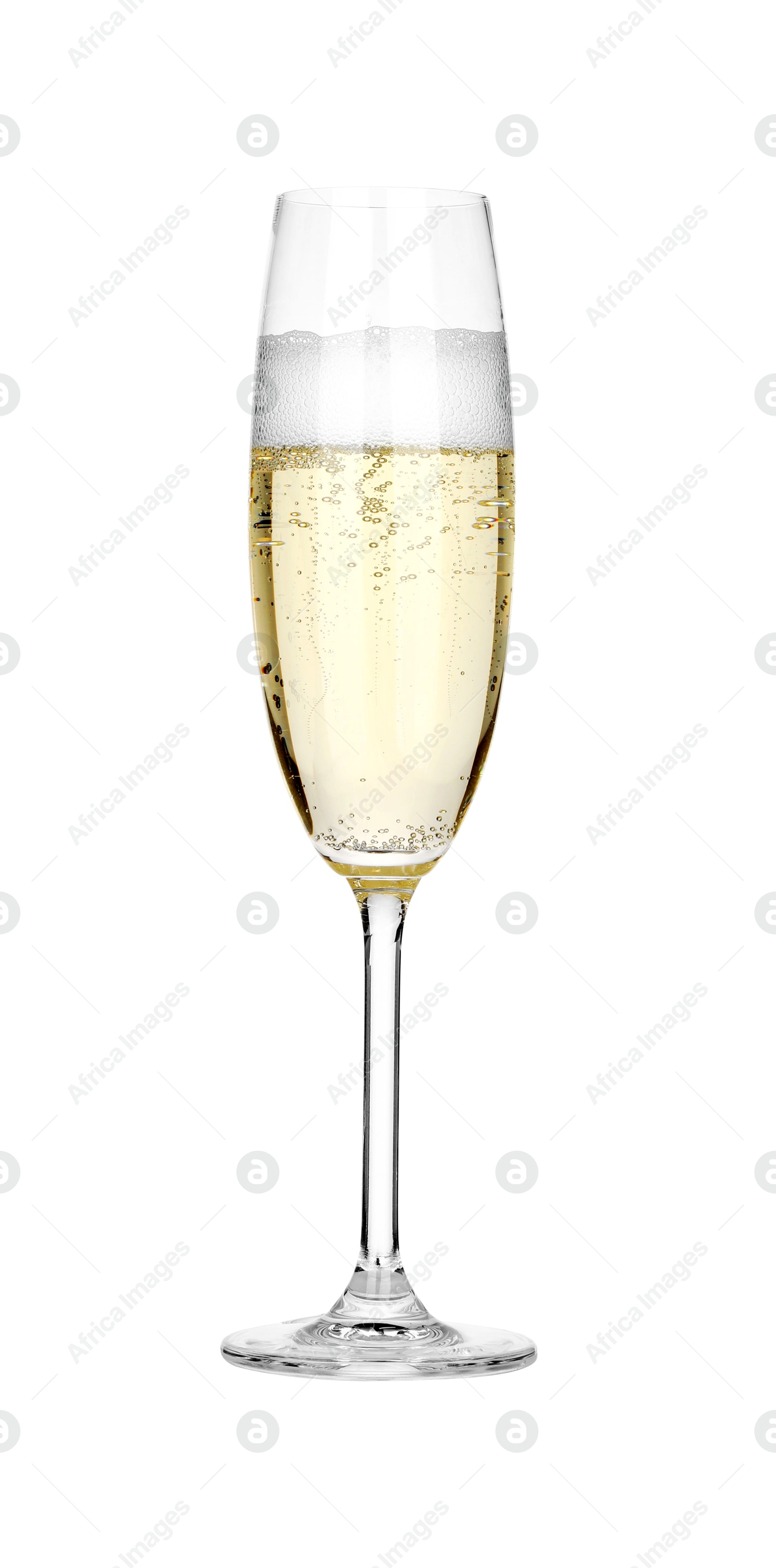 Photo of Champagne in glass isolated on white. Sparkling wine