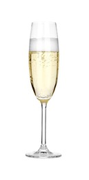 Photo of Champagne in glass isolated on white. Sparkling wine