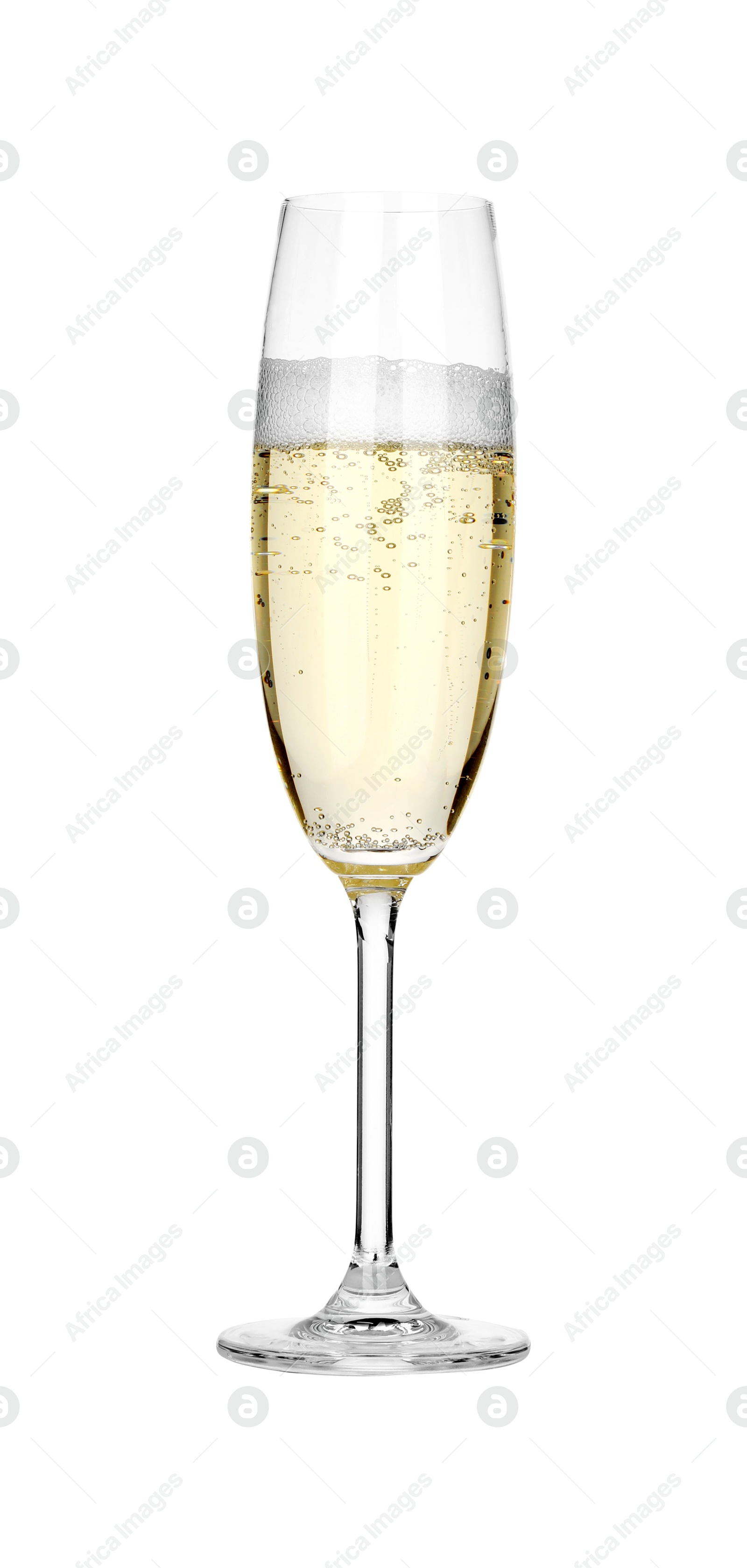 Photo of Champagne in glass isolated on white. Sparkling wine