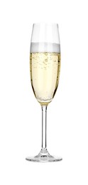 Photo of Champagne in glass isolated on white. Sparkling wine