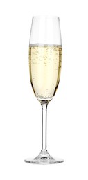 Photo of Champagne in glass isolated on white. Sparkling wine