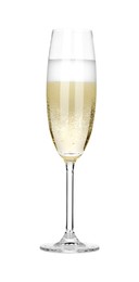 Photo of Champagne in glass isolated on white. Sparkling wine