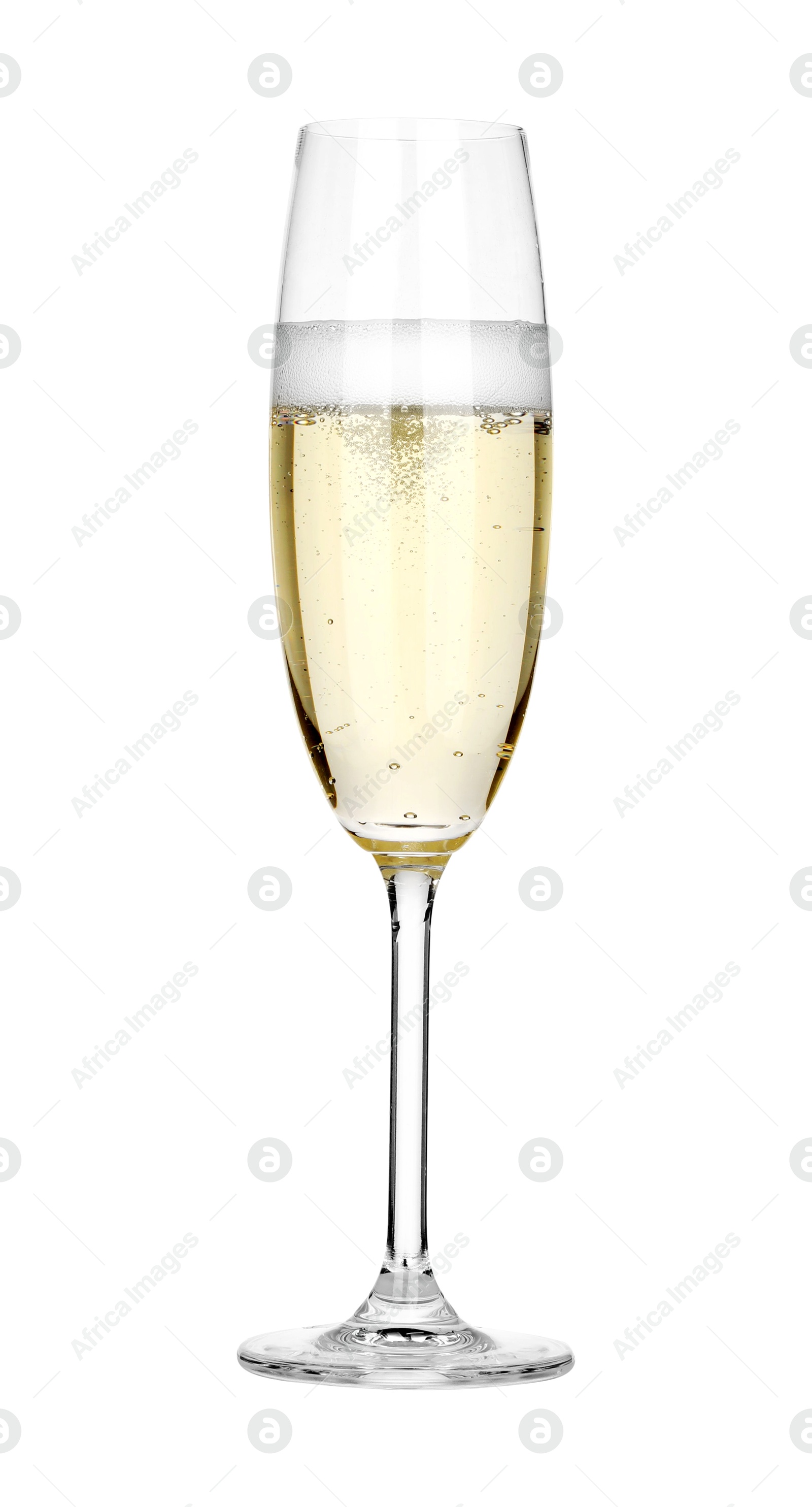 Photo of Champagne in glass isolated on white. Sparkling wine