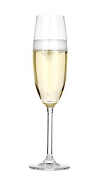 Photo of Champagne in glass isolated on white. Sparkling wine