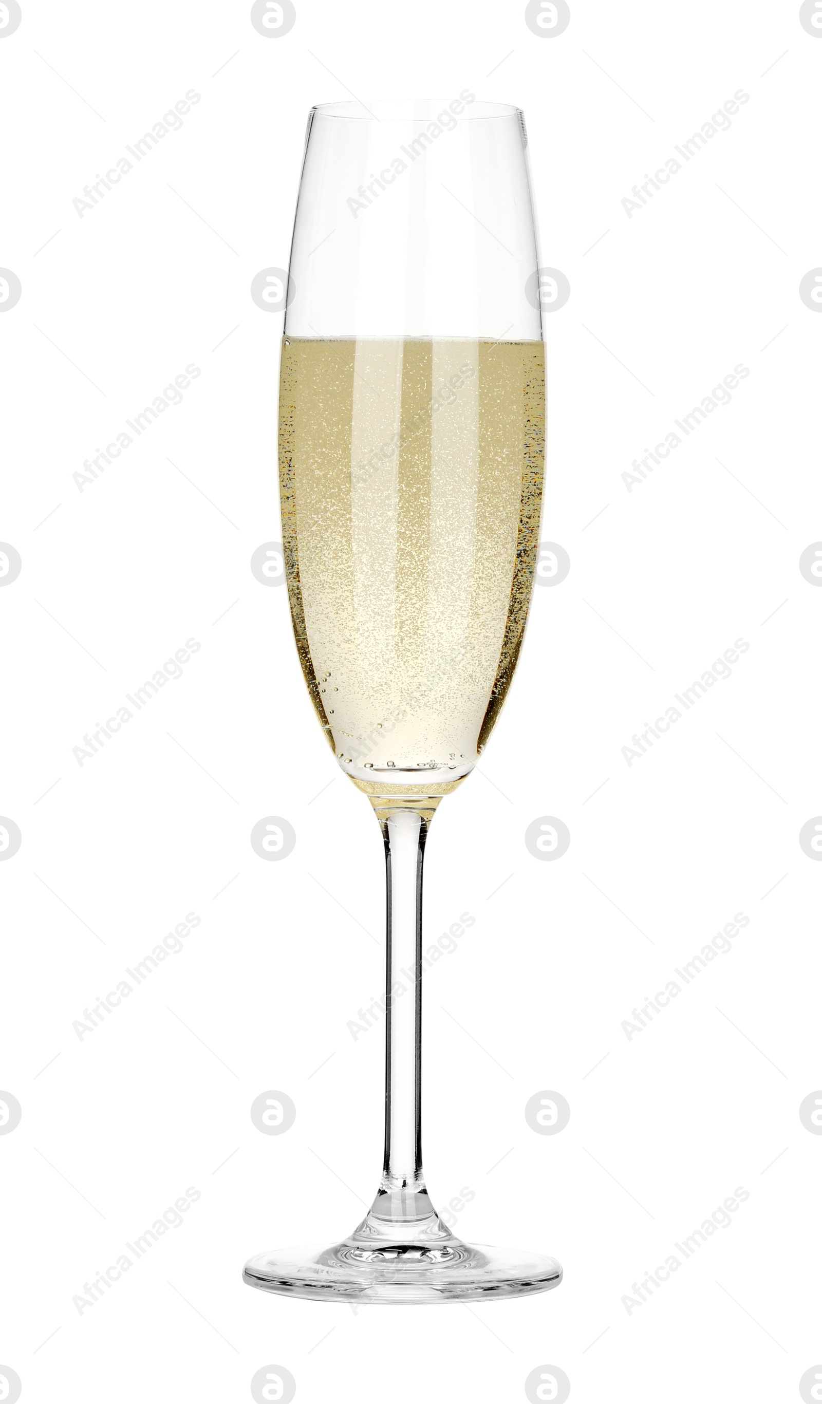 Photo of Champagne in glass isolated on white. Sparkling wine