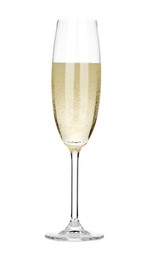 Photo of Champagne in glass isolated on white. Sparkling wine