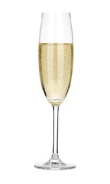 Photo of Champagne in glass isolated on white. Sparkling wine