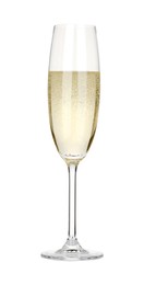 Champagne in glass isolated on white. Sparkling wine