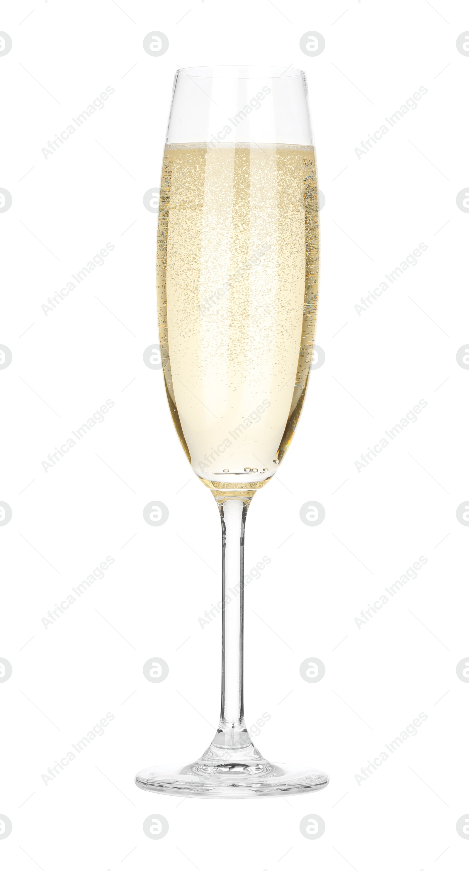 Photo of Champagne in glass isolated on white. Sparkling wine