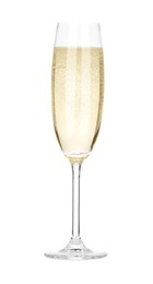 Photo of Champagne in glass isolated on white. Sparkling wine