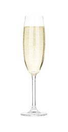 Photo of Champagne in glass isolated on white. Sparkling wine