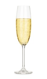 Photo of Champagne in glass isolated on white. Sparkling wine