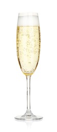 Photo of Champagne in glass isolated on white. Sparkling wine