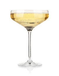 Photo of Champagne in glass isolated on white. Sparkling wine