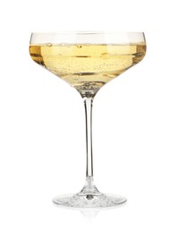 Photo of Champagne in glass isolated on white. Sparkling wine