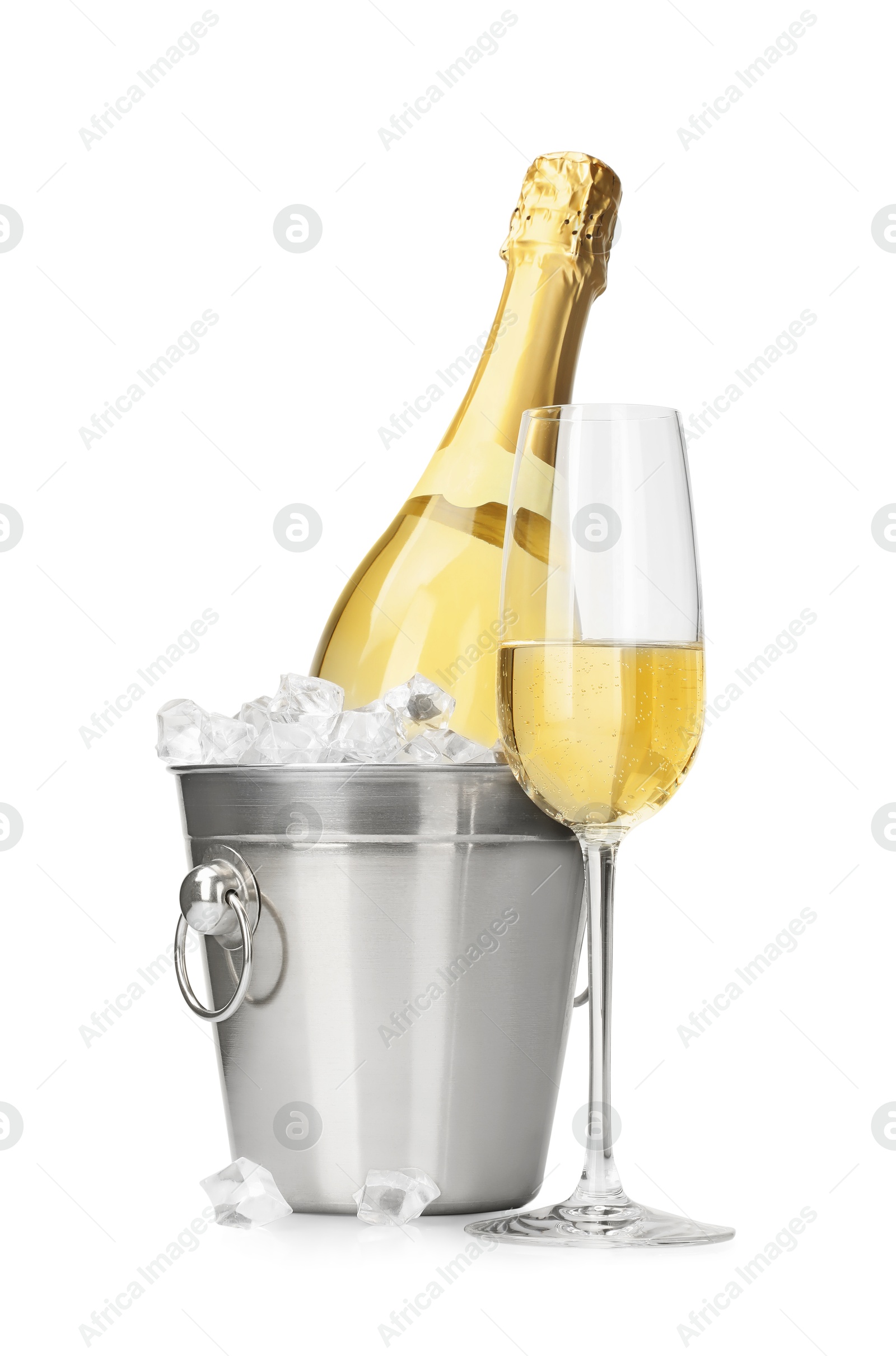 Photo of Champagne and bucket with ice isolated on white